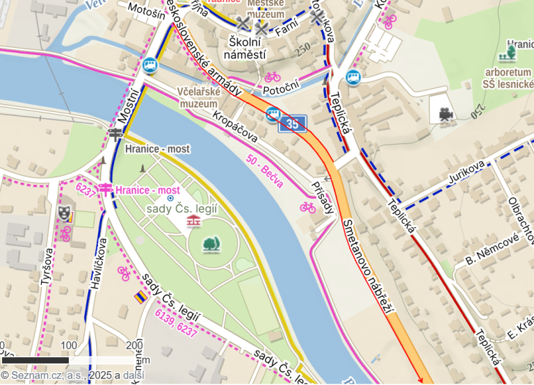 Mapa opravy chodníku - opravovaný úsek vyznačen červeně